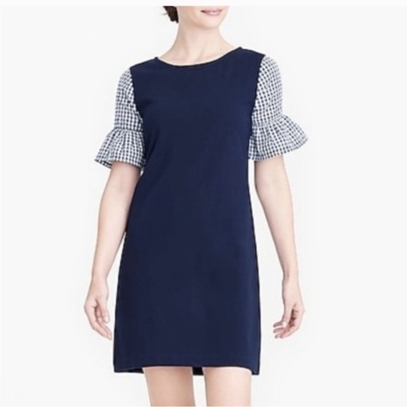 J. Crew Factory Navy Blue Gingham Sleeve Dress Women’s Size XL New - Picture 1 of 8